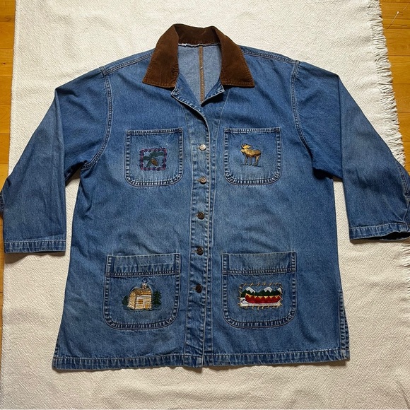 VTG Denim Embroidered Moose Pine Cones Canoe Cottage Chore Jacket XL - Picture 2 of 9